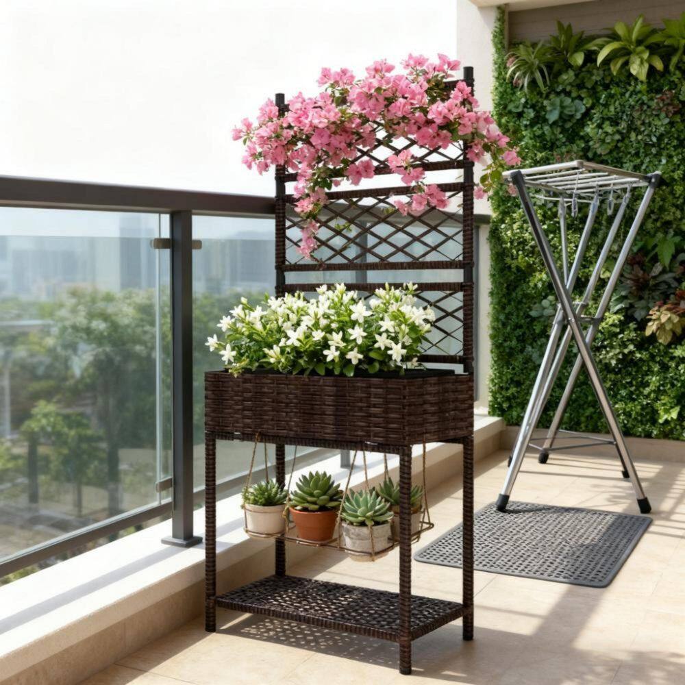 GWRGWR Brown Freestanding Rattan Garden Planter with Trellis and ...