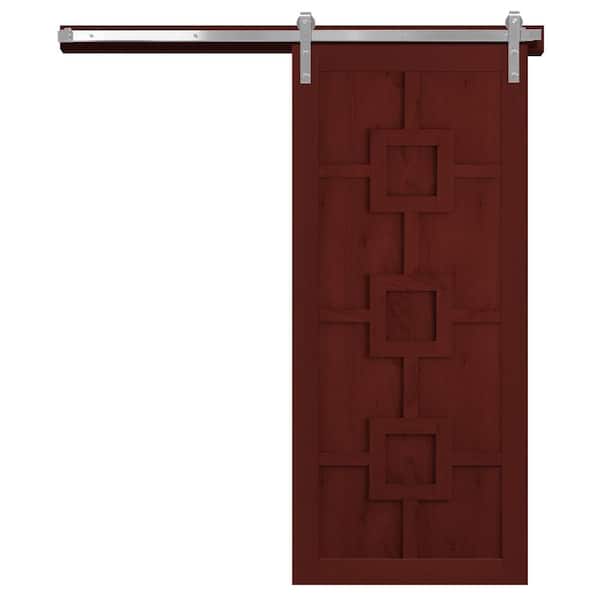 VeryCustom 36 in. x 84 in. Mod Squad Red Wood Sliding Barn Door with Hardware Kit in Stainless Steel
