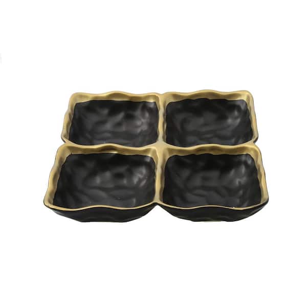 C T Classic Touch Black Porcelain 4 sectional Relish Dish with Gold Rim