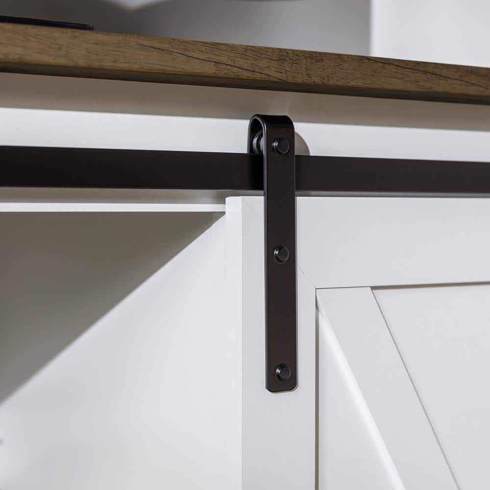 White and Brown MDF Corner TV Stand with Sliding Barn Doors
