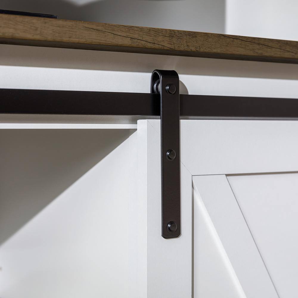 White and Brown MDF Corner TV Stand with Sliding Barn Doors