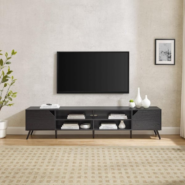Welwick Designs 80 in. Black Wood Modern Wide TV Stand with Open and Closed Storage Fits TVs up to 70 in.