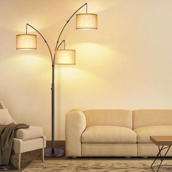 80 in. Mid-Century Modern 3-Light Adjustable LED Brown Arc Floor Lamp with 3 Beige LinenDrum Shades