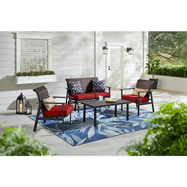 Hampton Bay Morgan Springs Brown 4-Piece Woven Outdoor Padded Wicker Deep Seating Set with CushionGuard Chili Red Cushions