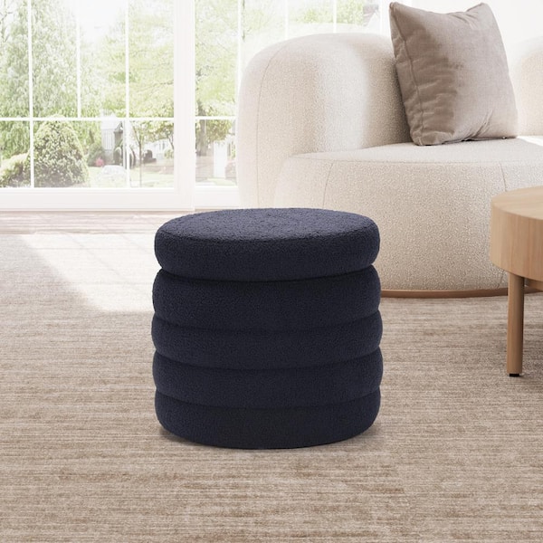 Bayville Modern 16 in. Tall Sherpa Fabric Tufted Round Storage Ottoman in Navy Blue