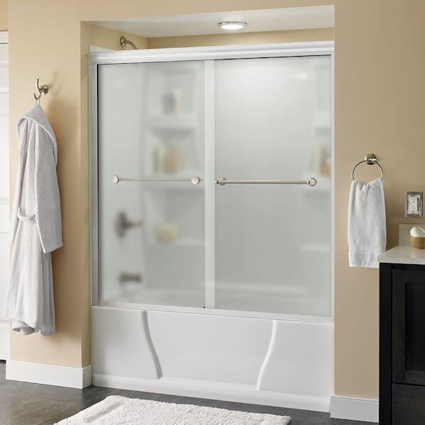Delta Crestfield 60 in. x 58-1/8 in. Semi-Frameless Traditional Sliding Bathtub Door in White and Nickel with Niebla Glass