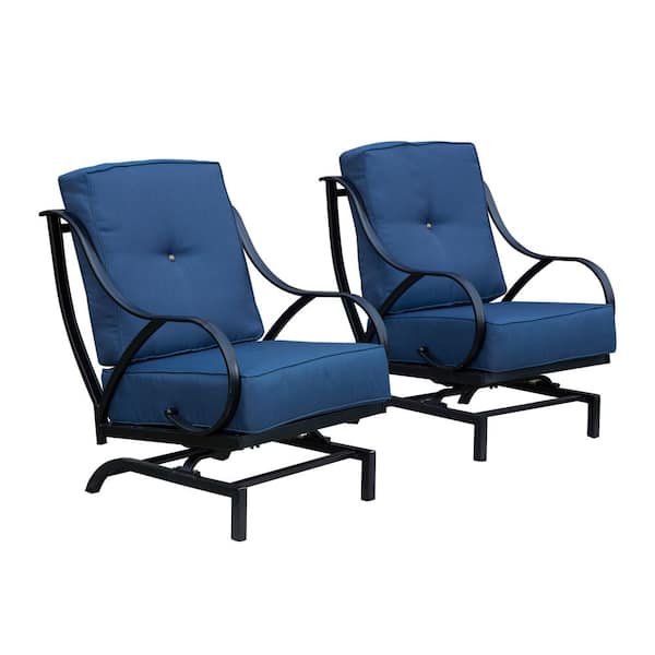 Patio Festival Rocking Metal Outdoor Lounge Chair with Blue Cushion (2-Pack)