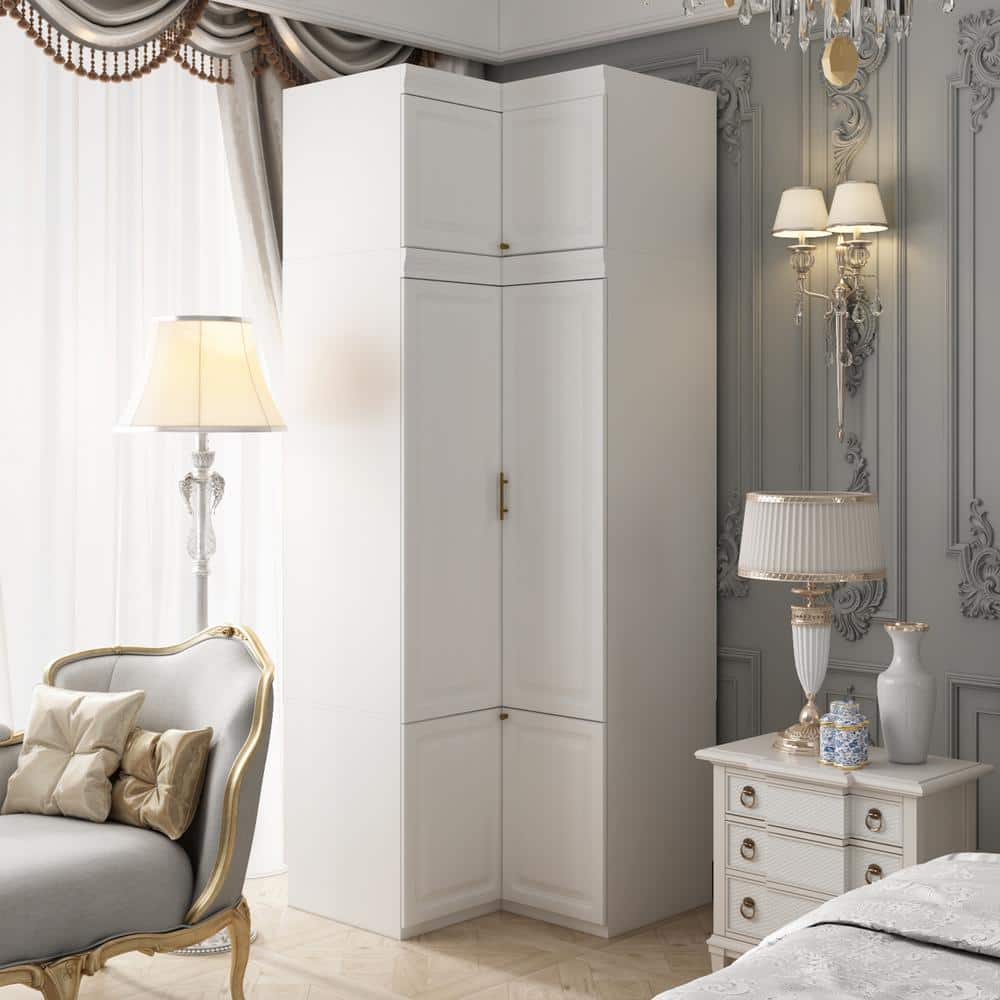 FUFU&GAGA White Wood 35.4 in. W 6-Door Corner Wardrobe Armoires