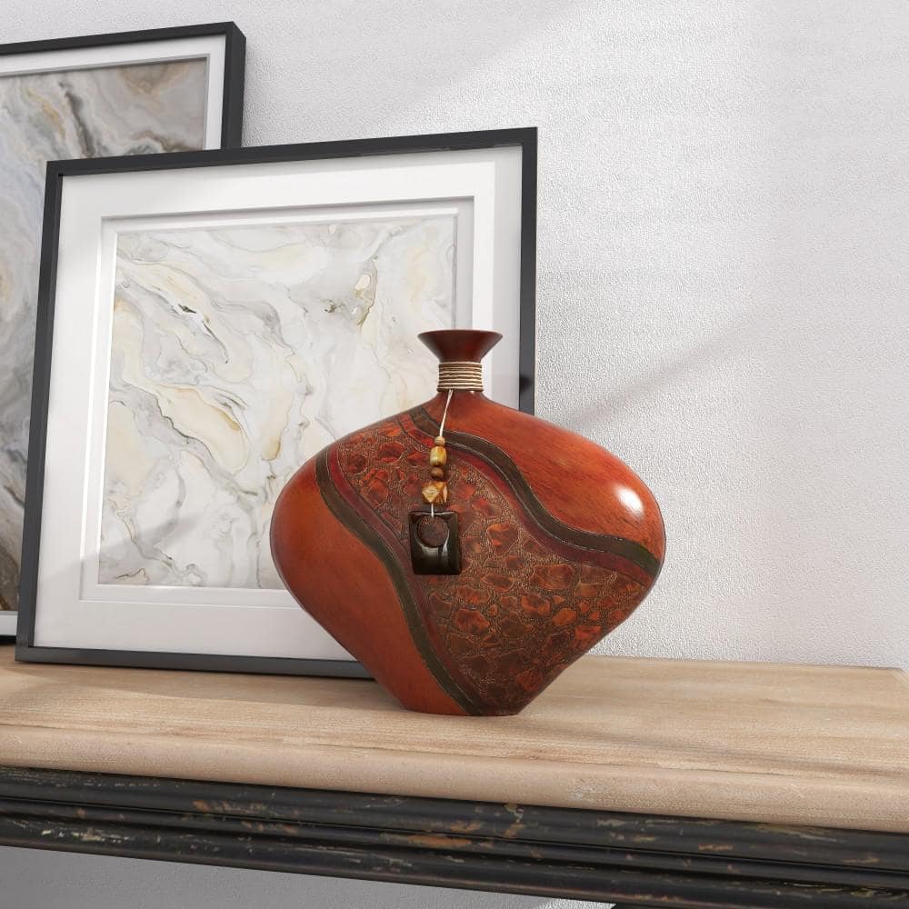 14" Cognac Brown Polystone Vase with Carved Abstract Designs