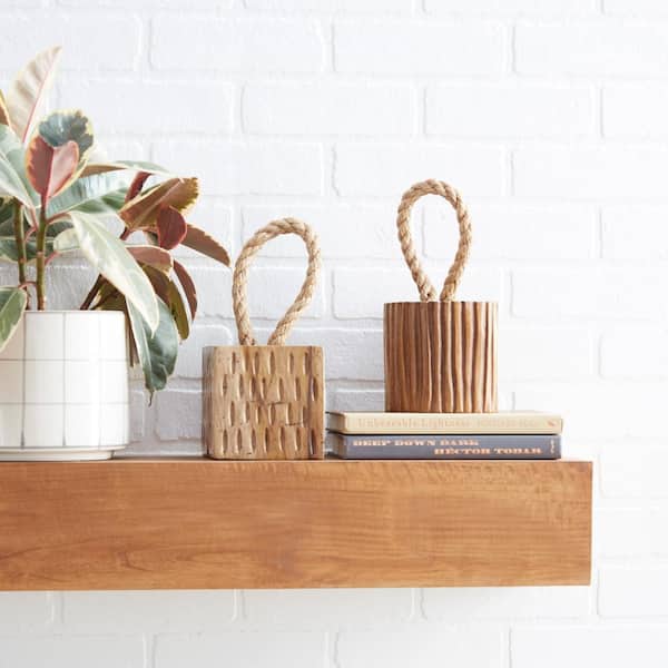 Litton Lane Brown Teak Wood Handmade Door Stopper Geometric Sculpture with Rope Accent (Set of 2)