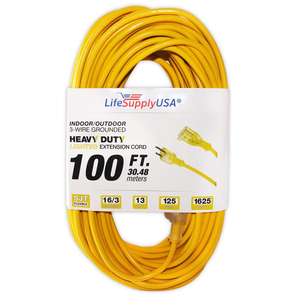 LifeSupplyUSA 100 ft. 16/3 SJT 13 Amp 125-Volt 1625-Watt Lighted End Indoor/Outdoor  Heavy-Duty Extension Cord (2-Pack) 2163100FT The Home Depot