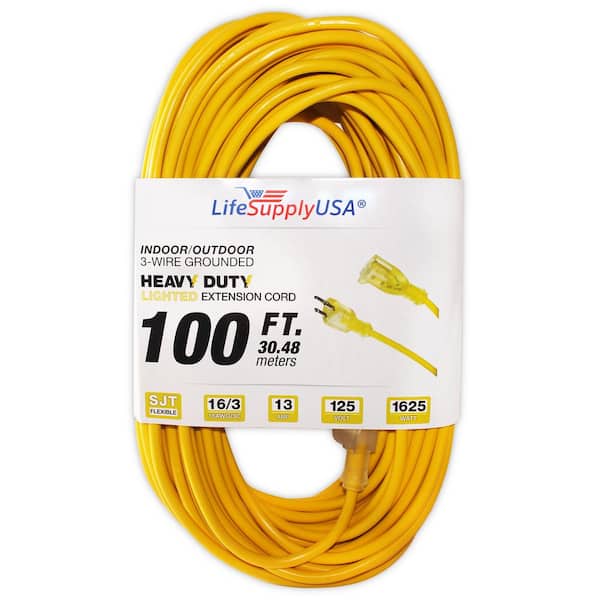 LifeSupplyUSA 100 ft. 16/3 SJT 13 Amp 125-Volt 1625-Watt Lighted End Indoor/Outdoor Heavy-Duty Extension Cord (50-Pack)