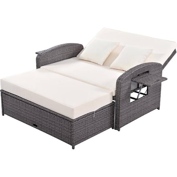 Unbranded Grey Wicker Outdoor Chaise Lounge with White Cushions 3-Height Adjustable Back