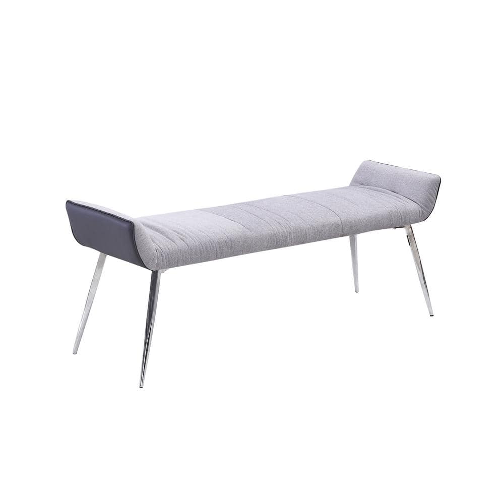 Gray Linen and Faux Leather Backless Dining Bench with Metal Legs