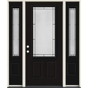 60 in. x 80 in. Right-Hand 3/4 Lite Wendover Decorative Glass Black Steel Prehung Front Door with Sidelites
