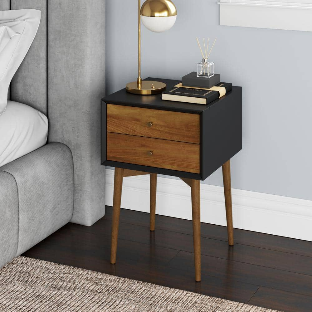 Nathan James Harper Nightstand Acacia Black: Mid-Century Modern with Storage Drawers & Pinewood Legs (TWO/BID IS PER BOX/SECOND BOX STICKER RED4440595)