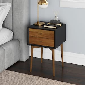 Harper Black and Brown Nightstand with 2-Drawer Wooden Side Table or End Table