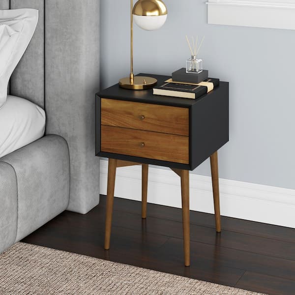 Nathan James Harper Black and Brown Nightstand with 2-Drawer Wooden Side Table or End Table