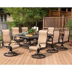 Brigantine 9-Piece Aluminum Outdoor Dining Set with an XL Cast-Top Table and 8-Slingback Swivel Rockers