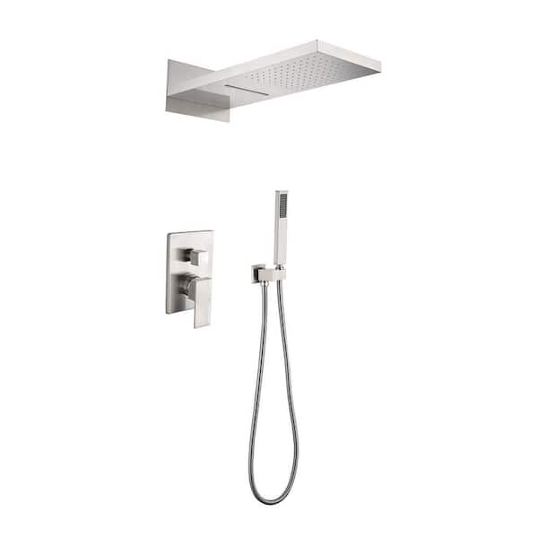 1-Spray Wall Mounted Waterfall Dual Rain Shower System 1.5 GPM in Brushed Nickel