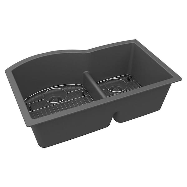 Elkay Quartz Classic 33 in. Undermount Offset 60/40 Double Bowl Graphite Granite/Quartz Composite Kitchen Sink Kit Only