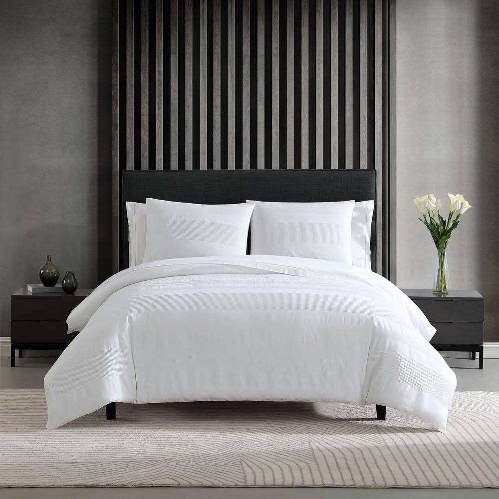 VERA WANG Waffle Stripe 3-Piece White Striped Cotton Queen Comforter ...