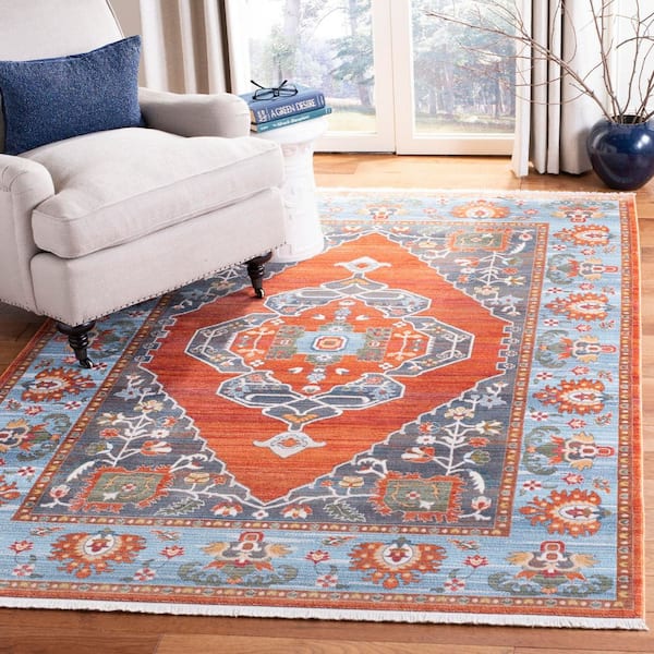 Vintage Persian 8 ft. x 10 ft. Rust/Blue Medallion Border Area Rug