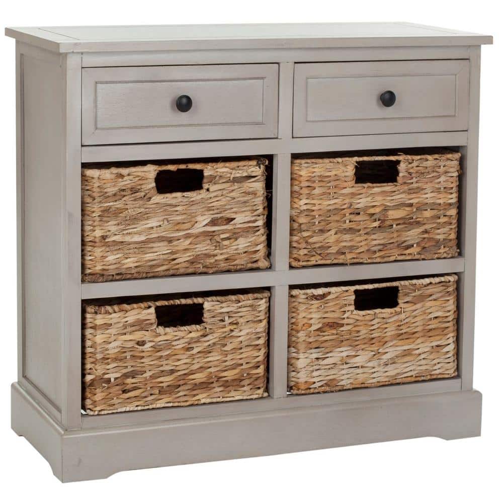 Transitional Vintage Grey Storage Unit with 6 Wicker Baskets