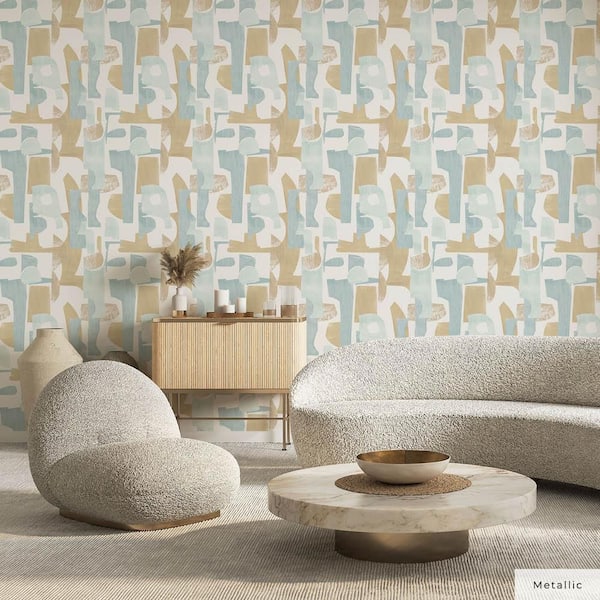 Metallic Coastal Blue and Cedar Geo Composition Vinyl Peel and Stick Wallpaper Roll (Covers 28 sq. ft.)