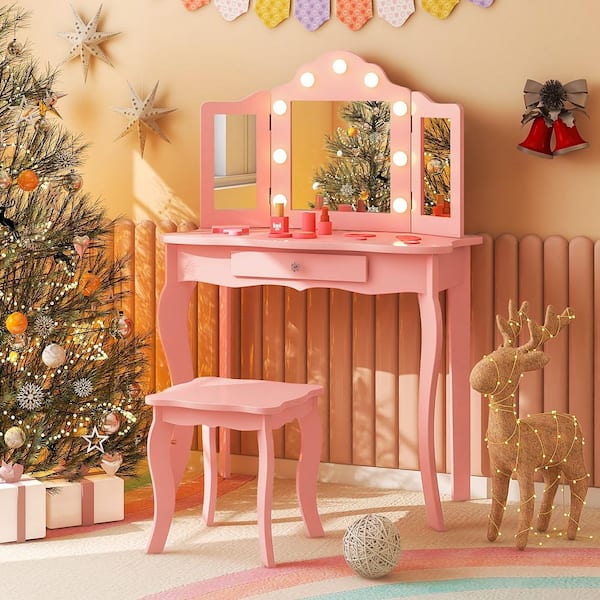 Kid Vanity Table Stool Set Tri-Folding Mirror Adjustable 3-Color LED Lights Pink 27.5 in. Dresser with Mirror