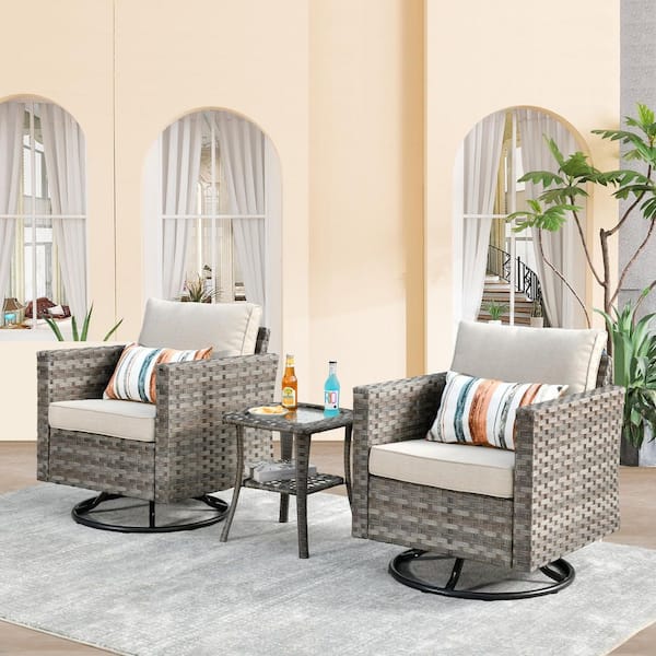 Isabella Gray 3-Piece Wicker Outdoor Rocking Chair Set with Beige Cushions