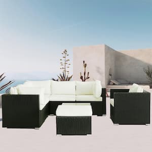 Black 8-Piece Wicker Patio Conversation Set with Beige Cushions