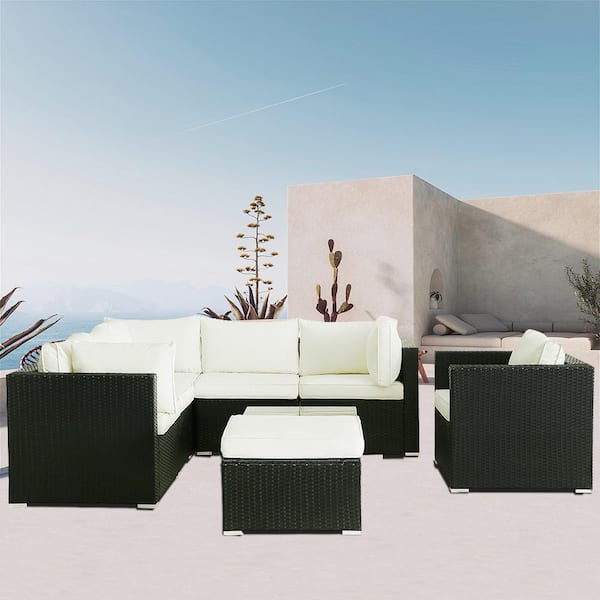Cesicia Black 8-Piece Wicker Patio Conversation Set with Beige Cushions
