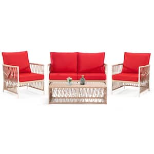 4-Pieces Wicker Outdoor Patio Sectional Set with 2-Chairs, 1-Loveseat, 1-Coffee Table and Red Cushions
