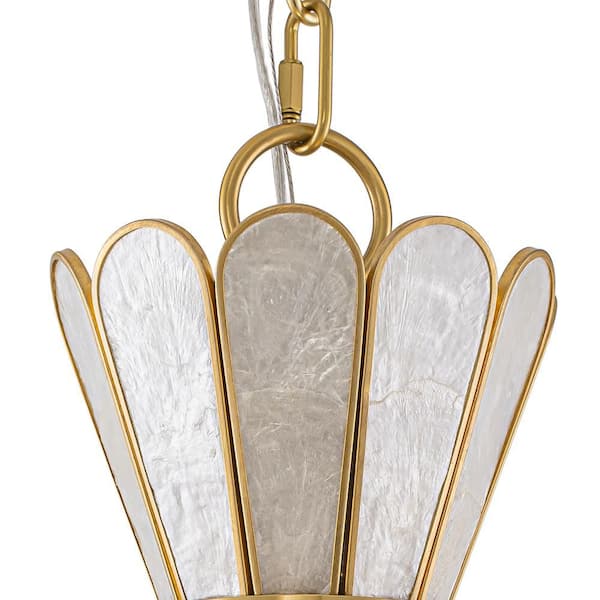 HUOKU Sheke 1-Light 11 in.W Aged Brass Capiz Shell Flower Pendant