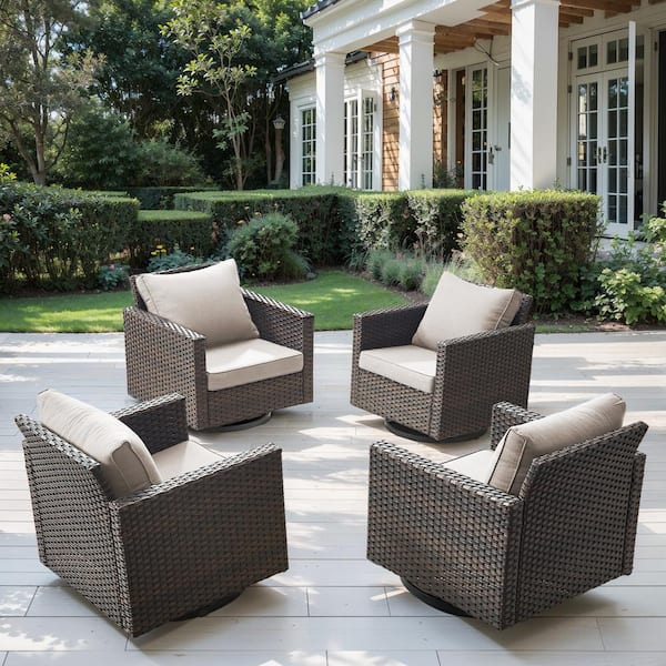 Brown Wicker Outdoor Rocking Chairs, Patio Swivel Gliders with Beige Cushions for Porch or Balcony (4-Pack)