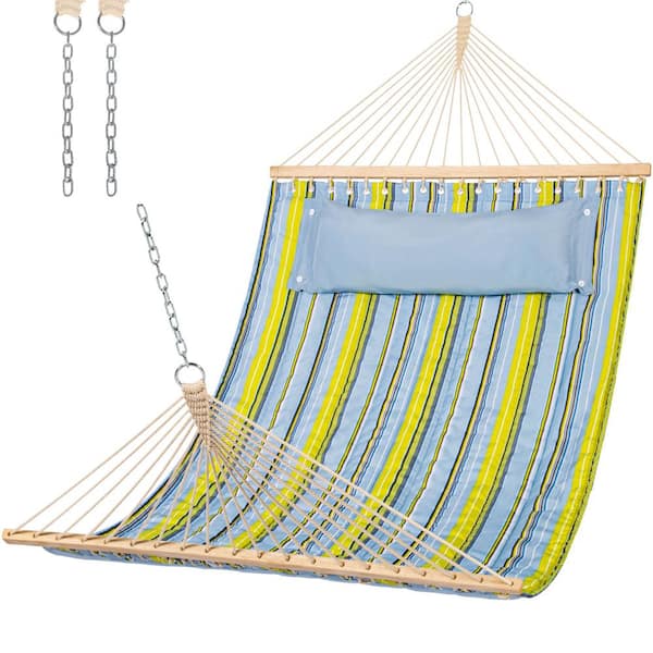Unbranded 78.7 in. x 55 in. Hammock Fabric Swing Large Hammock Bed with Spreader Bars, Detachable Pillow in Light Blue Stripe