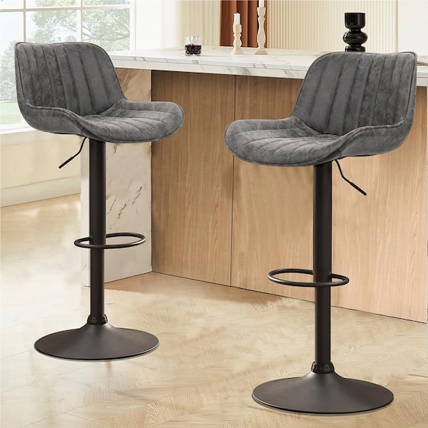 Art Leon Modern 33.10 in. Height Gray Faux Leather Swivel Adjustable Height Low Back Bar Stools with Metal Frame (Set of 2)