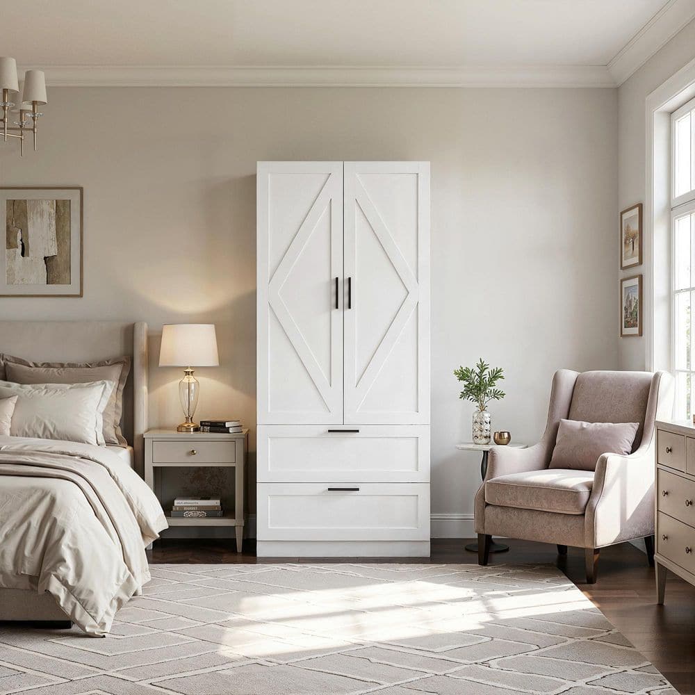 FUFU&GAGA Modern White Wood 31.5 in. W Armoire, Wardrobe, with 2