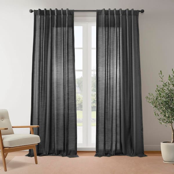 Black Rustic Linen Weave 50 in. W x 84 in. L Rod Pocket Light Filtering Curtain Pair (Set of 2)