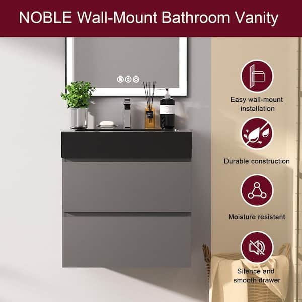 24 in. Wall Mount Modern Single Sink Gray Bath Vanity with One-Piece Black Solid Surface Top Sink Pre-assembled