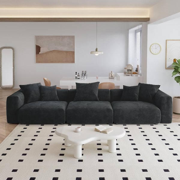 J&E Home 141 in. Square Arm Corduroy Velvet Modular Free Combination Sofa in. Black