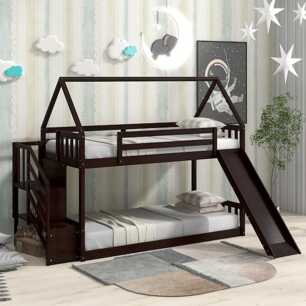 Wood Kid Bunk Bed Frame With Safe Rail, Toddler Bunk Bed With Slide And Storage