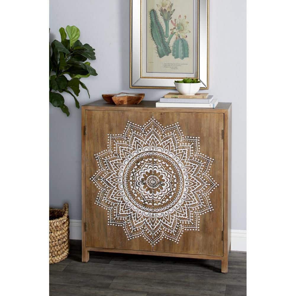 Brown Wood Intricately Carved Floral Cabinet with Shelf and Doors