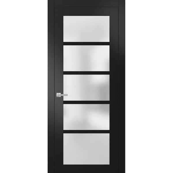 Sartodoors 4002 18 in. x 80 in. Single Panel No Bore Frosted Glass Black Finished Pine Interior Door Slab with Hardware