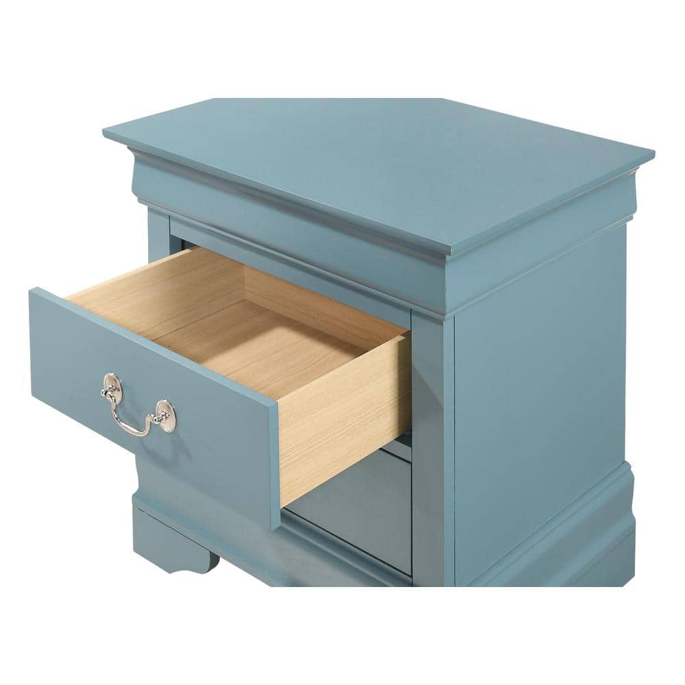 Teal Wood 2-Drawer Nightstand with Silver Hardware