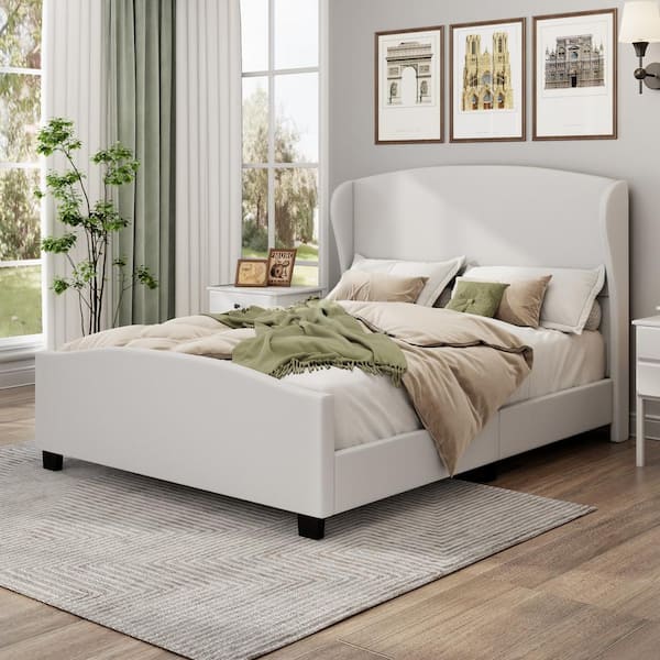 Ashford Beige Wood Frame King Size Modern Linen Platform Bed with Wingback Headboard