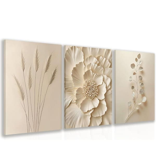 Unbranded 12 in.x16 in.x3 Framed Neutral Beige Floral Canvas Wall Art - Modern Minimalist Botanical Decor