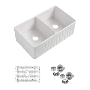 Fireclay 33 in. L x 20 in. W Farmhouse/Apron Front Double Bowl Kitchen Sink with Grid and Strainer
