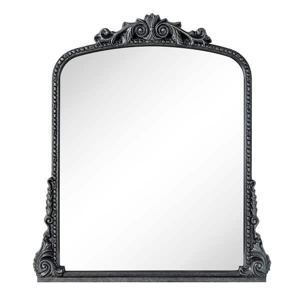 TEHOME Cummons 30 in. W x 34 in. H Small Baroque Ornate Arched Framed Wall Mounted Bathroom Vanity Mirror in Antiqued Black